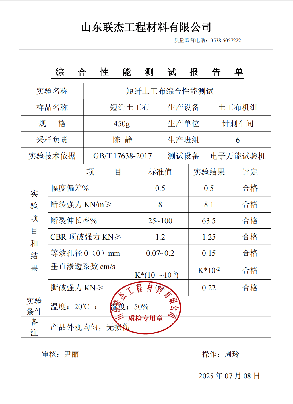 Geotextile 250g Test Report Certificate of Conformity